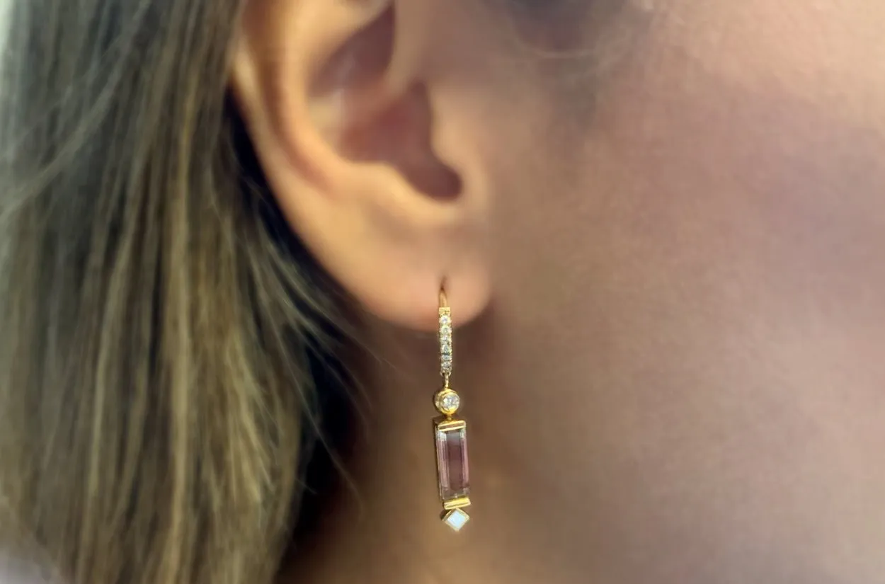 Earrings 18kt Gold Bicolor Tourmaline & Diamonds Huggies