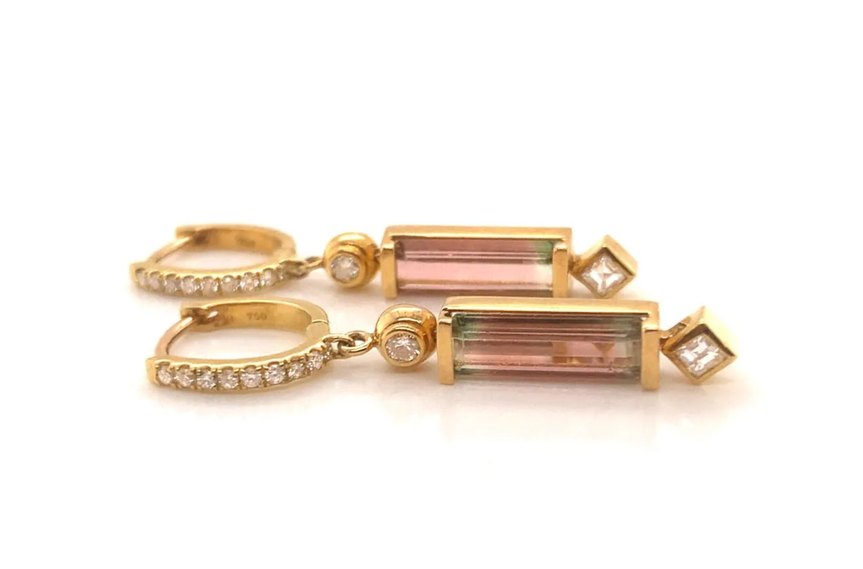 Earrings 18kt Gold Bicolor Tourmaline & Diamonds Huggies