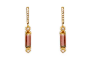 Earrings 18kt Gold Bicolor Tourmaline & Diamonds Huggies
