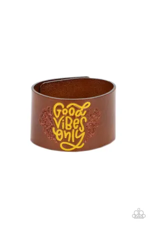 Easy Energy - Yellow - Brown Leather "Good Vibes Only" Inspirational Paparazzi Wrap Bracelet