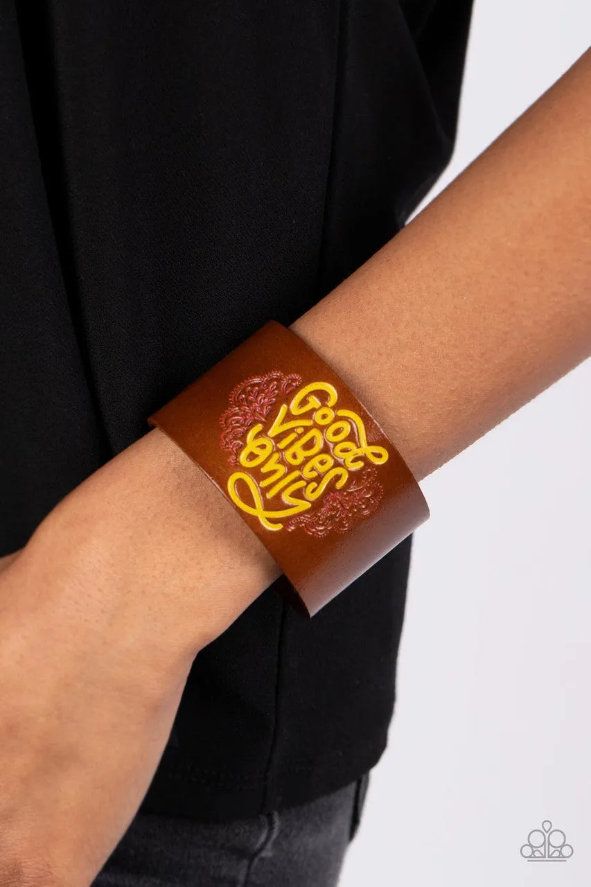 Easy Energy - Yellow - Brown Leather "Good Vibes Only" Inspirational Paparazzi Wrap Bracelet