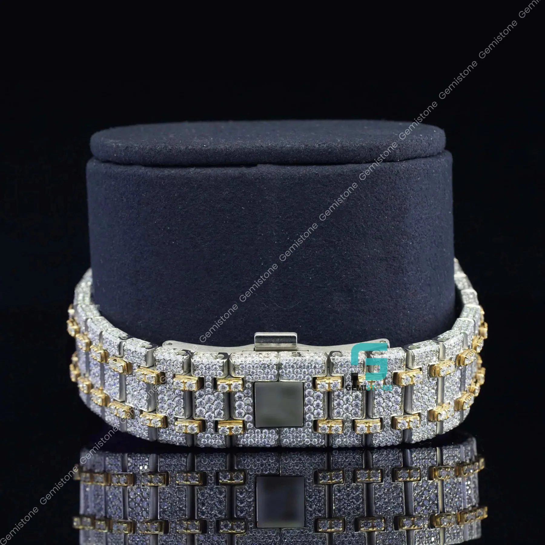 Elegant Fully Studded Iced Out Blue Skeleton Bussed Down Watch