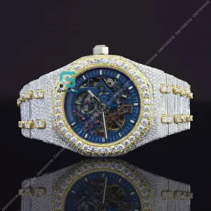 Elegant Fully Studded Iced Out Blue Skeleton Bussed Down Watch