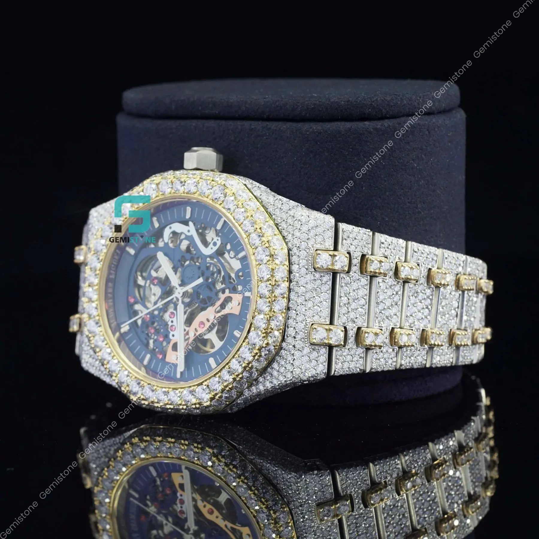 Elegant Fully Studded Iced Out Blue Skeleton Bussed Down Watch