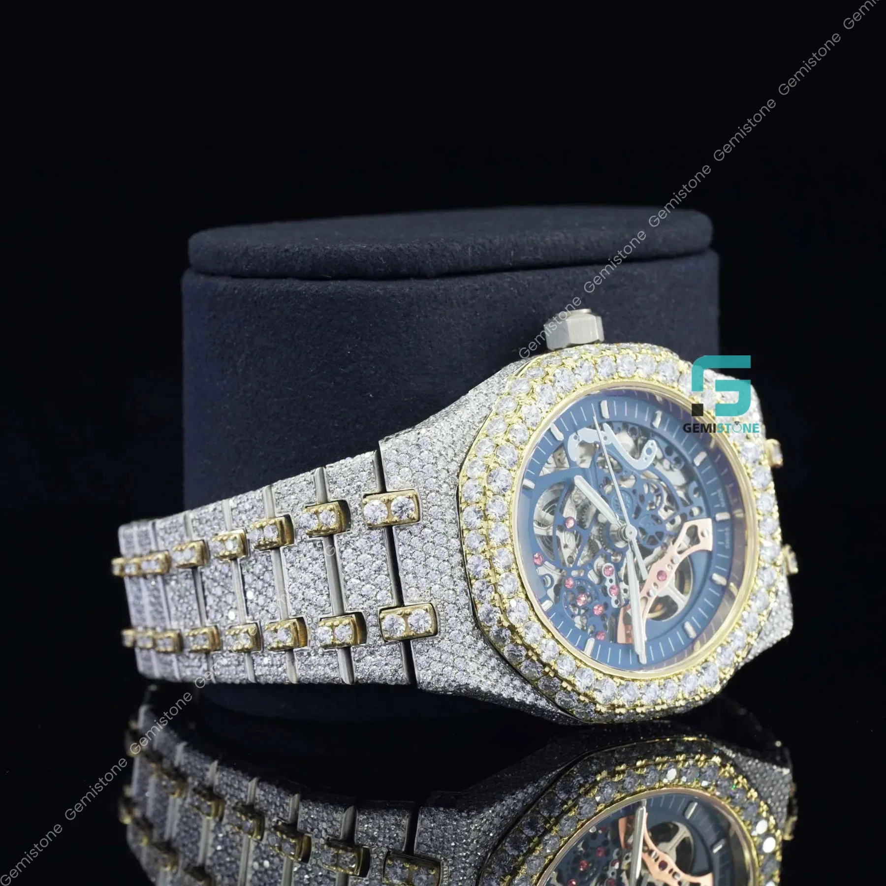 Elegant Fully Studded Iced Out Blue Skeleton Bussed Down Watch
