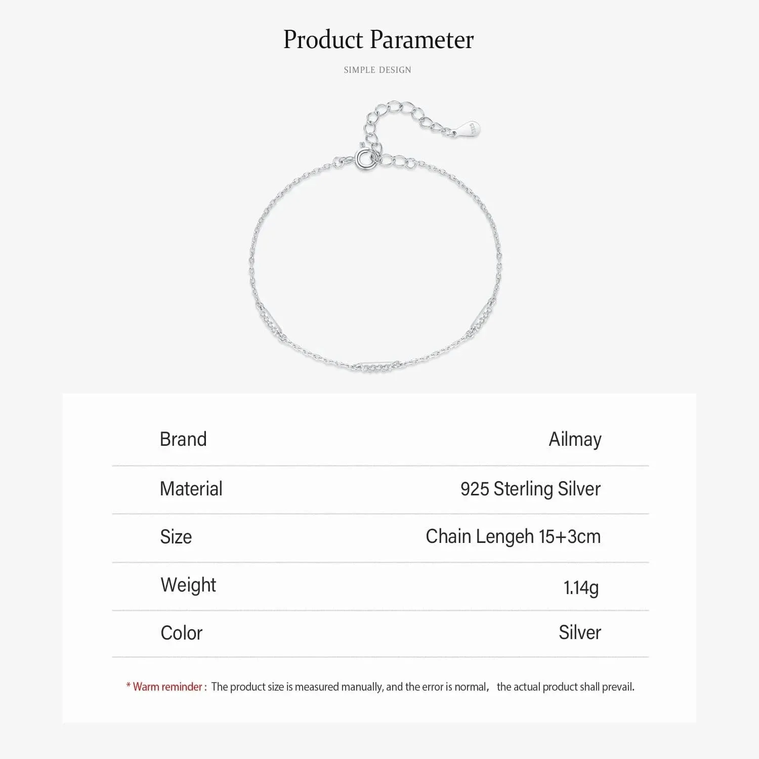 Elegant Zircon Bracelet in 925 Sterling Silver Chain
