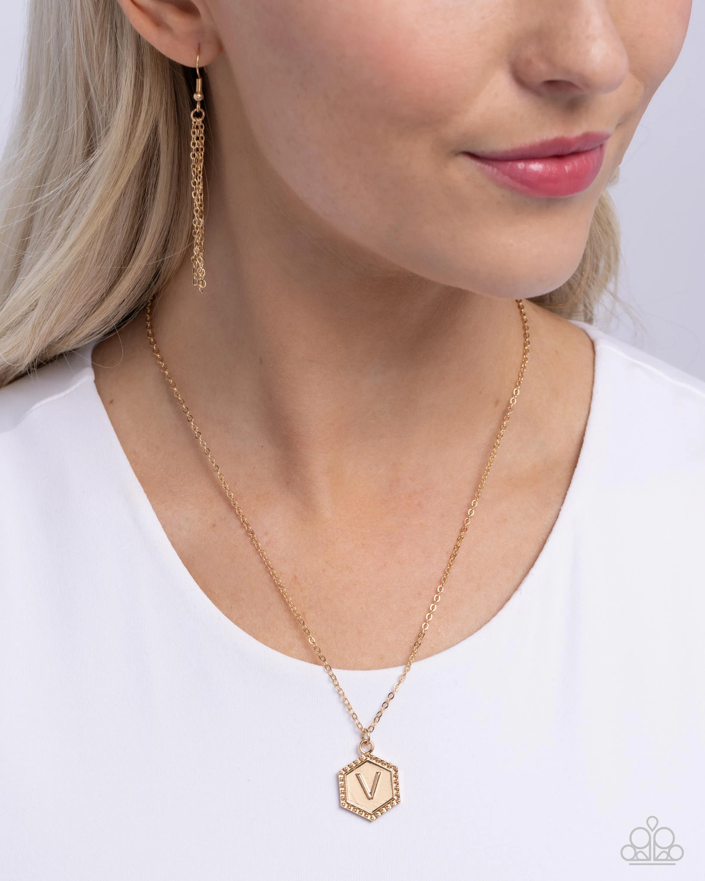 Emblematic Elegance - Gold - V - Initial Pendant Paparazzi Short Necklace
