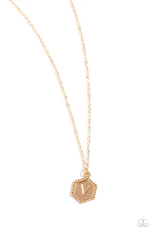 Emblematic Elegance - Gold - V - Initial Pendant Paparazzi Short Necklace