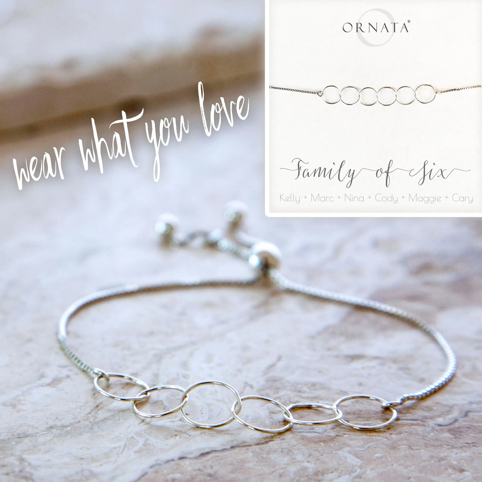 “Family of Six” Sterling Silver Bolo Bracelet on Personalized Jewelry Card