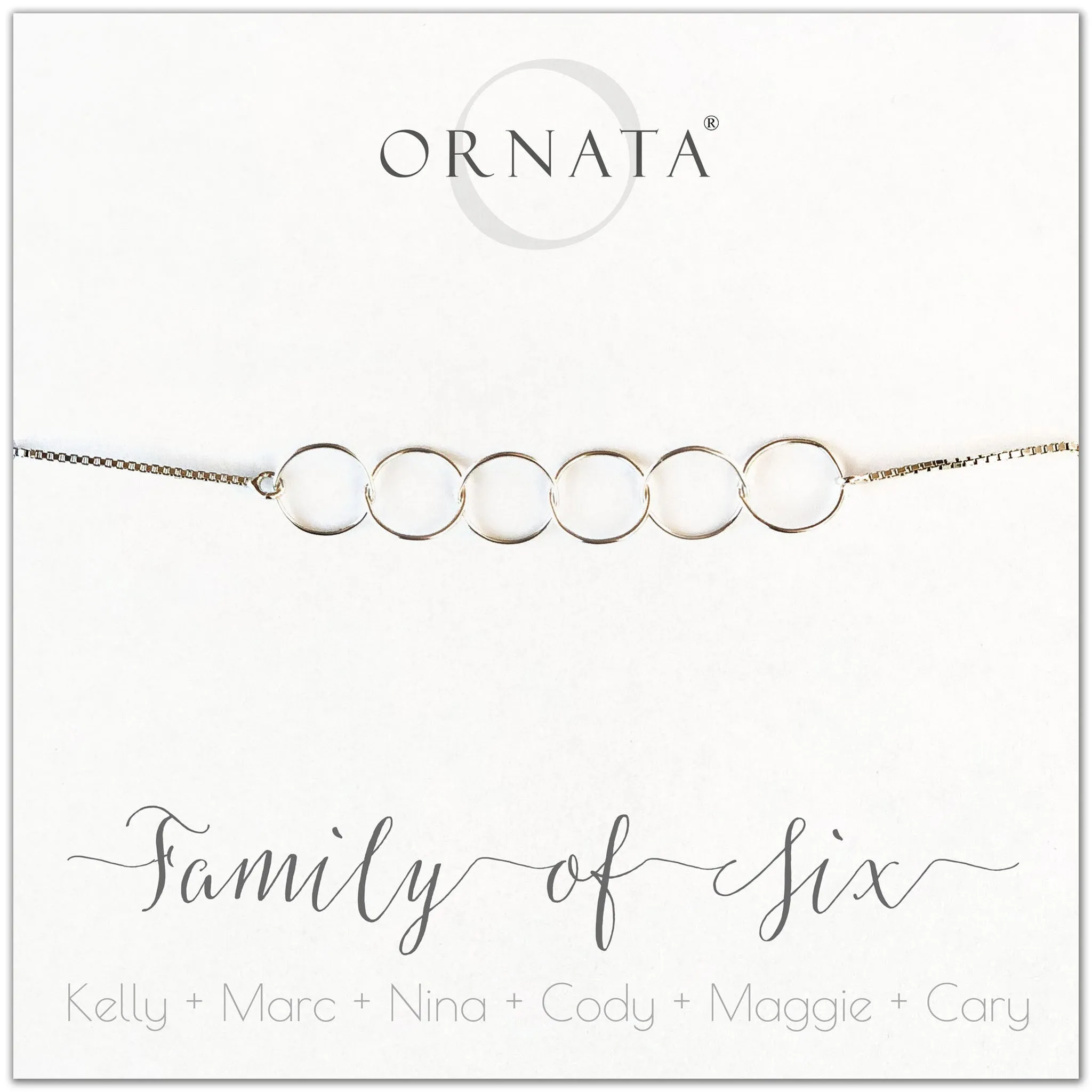 “Family of Six” Sterling Silver Bolo Bracelet on Personalized Jewelry Card