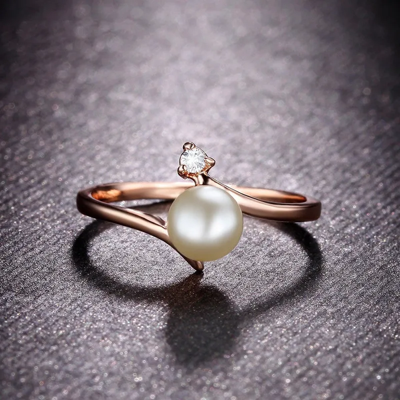 Fashion Rose Gold Plated 1Pcs Simulated Pearl And 1pcs Tiny Rhinestones Accent Bypass Rings For Women Christmas Gifts