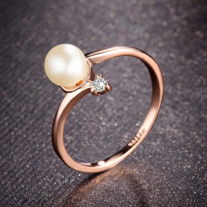 Fashion Rose Gold Plated 1Pcs Simulated Pearl And 1pcs Tiny Rhinestones Accent Bypass Rings For Women Christmas Gifts