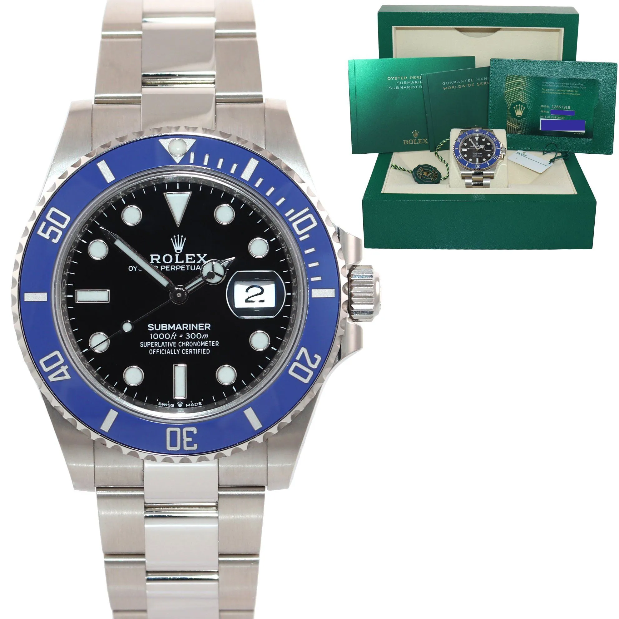 FEB 2021 BRAND NEW PAPERS Rolex Submariner Blue Smurf 126619 White Gold Watch
