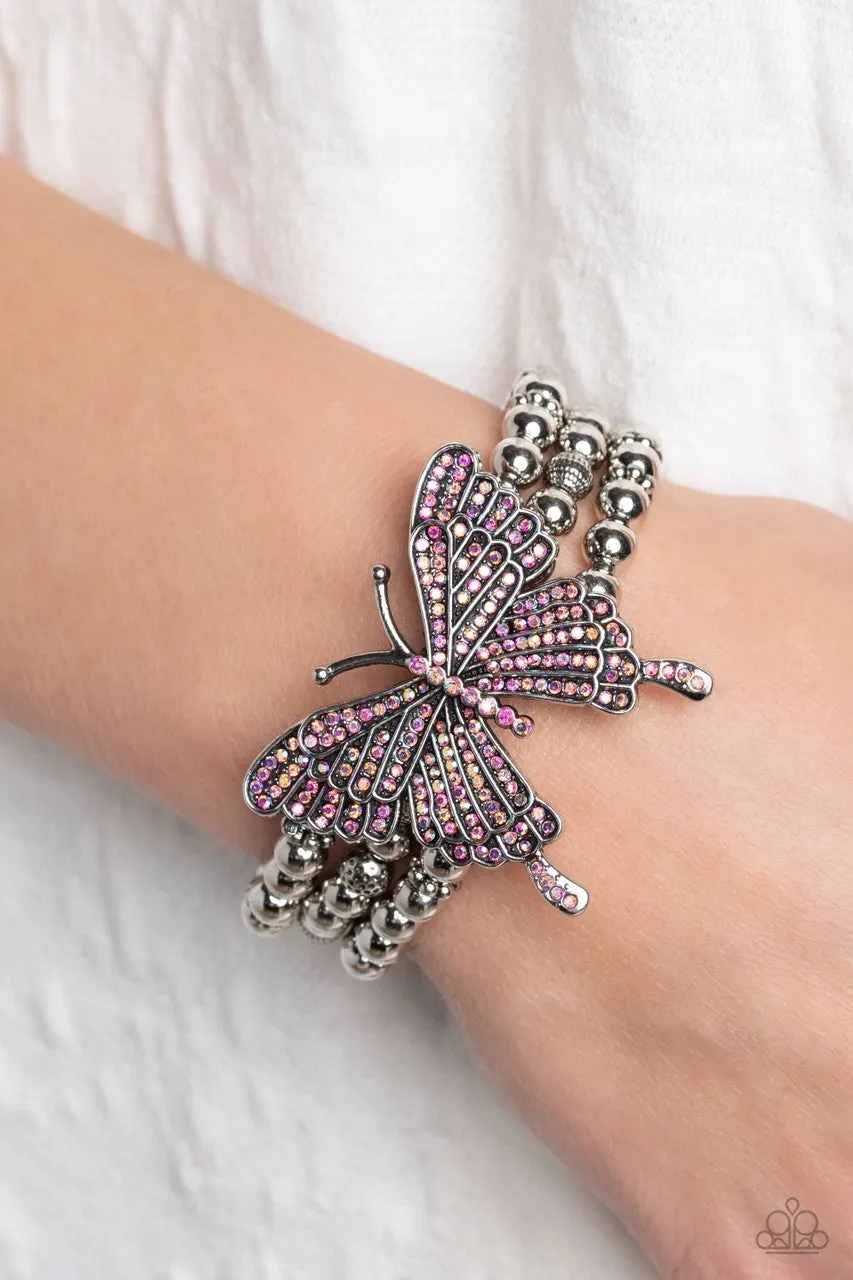 First WINGS First - Pink - Oversized Iridescent Rhinestone Butterfly Paparazzi Stretchy Bracelet