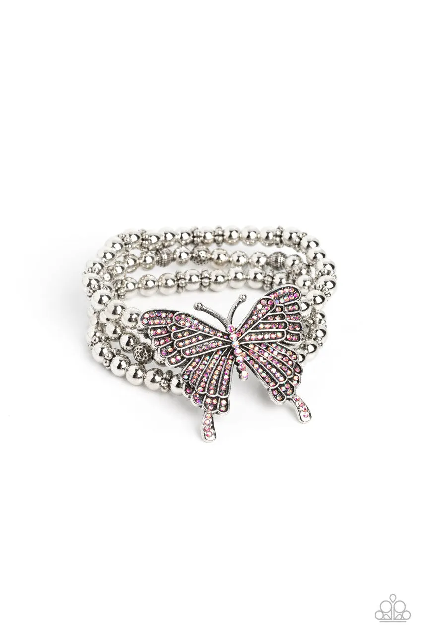 First WINGS First - Pink - Oversized Iridescent Rhinestone Butterfly Paparazzi Stretchy Bracelet