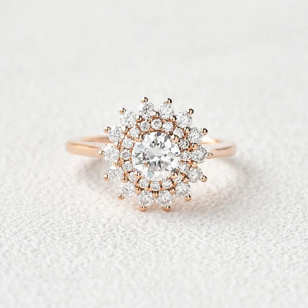 Flower Round Cut Moss Agate Rose Gold Ring