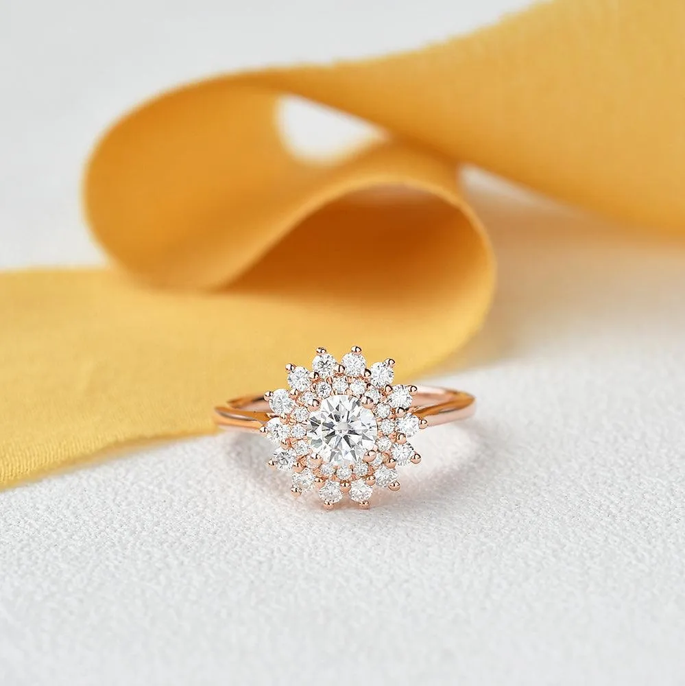 Flower Round Cut Moss Agate Rose Gold Ring