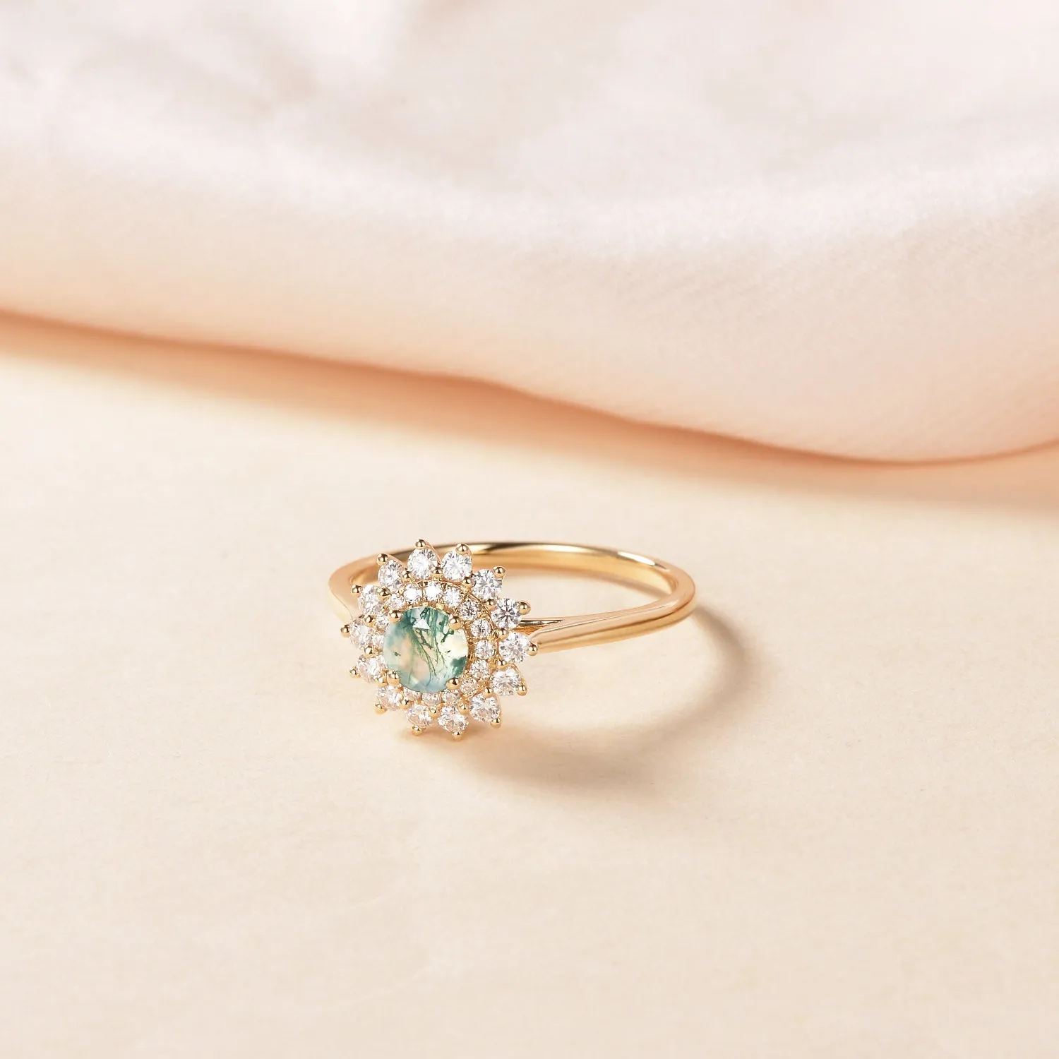 Flower Round Cut Moss Agate Rose Gold Ring
