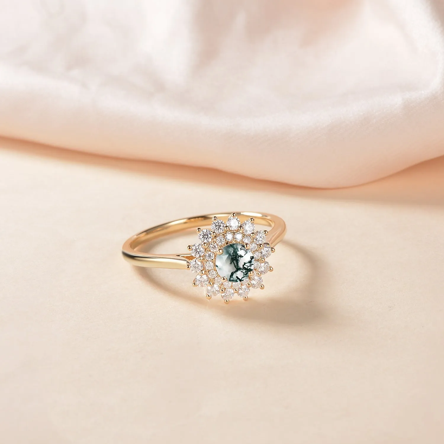 Flower Round Cut Moss Agate Rose Gold Ring