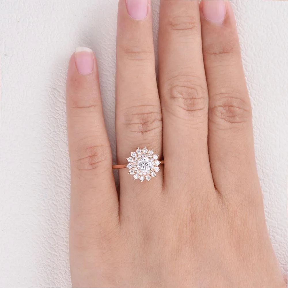 Flower Round Cut Moss Agate Rose Gold Ring