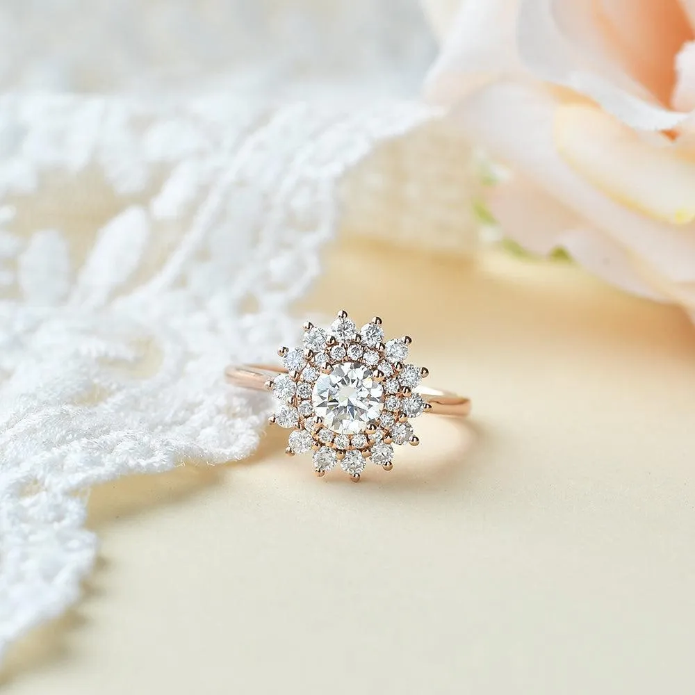 Flower Round Cut Moss Agate Rose Gold Ring