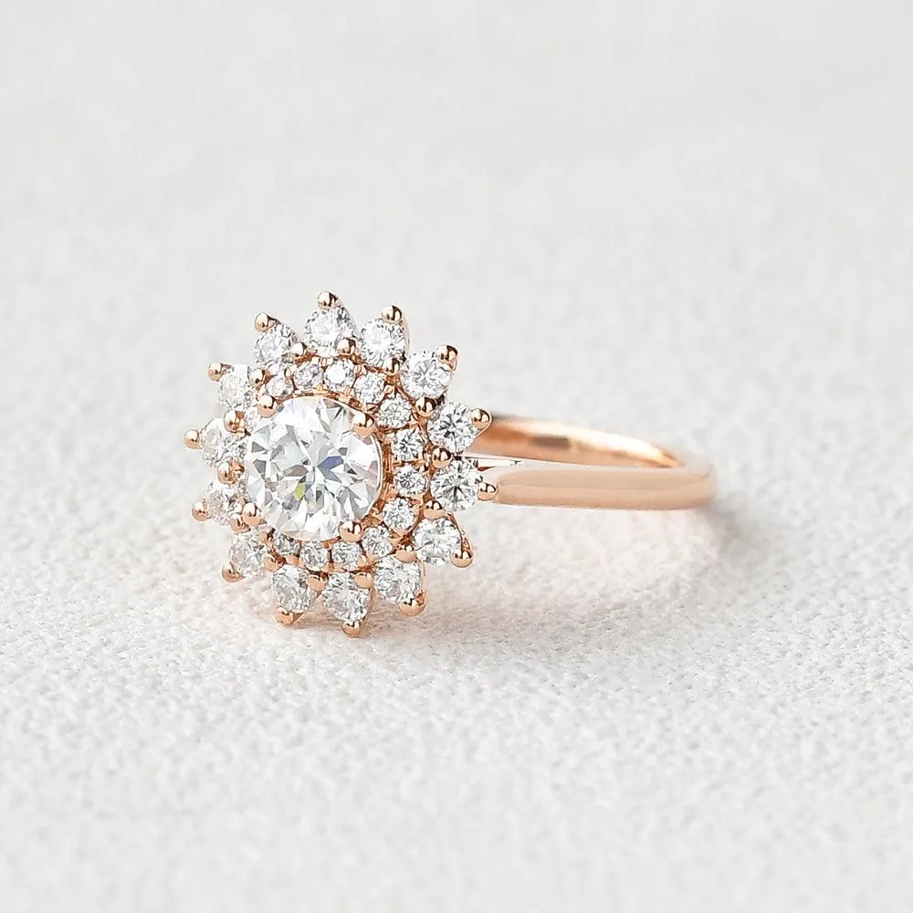 Flower Round Cut Moss Agate Rose Gold Ring
