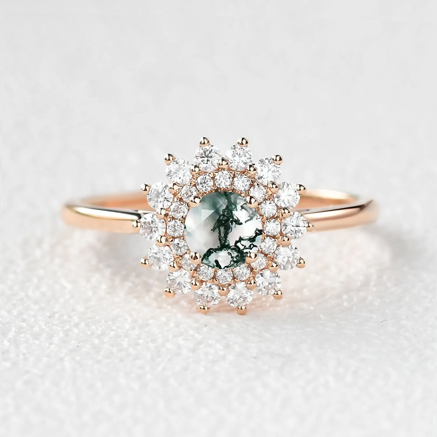 Flower Round Cut Moss Agate Rose Gold Ring