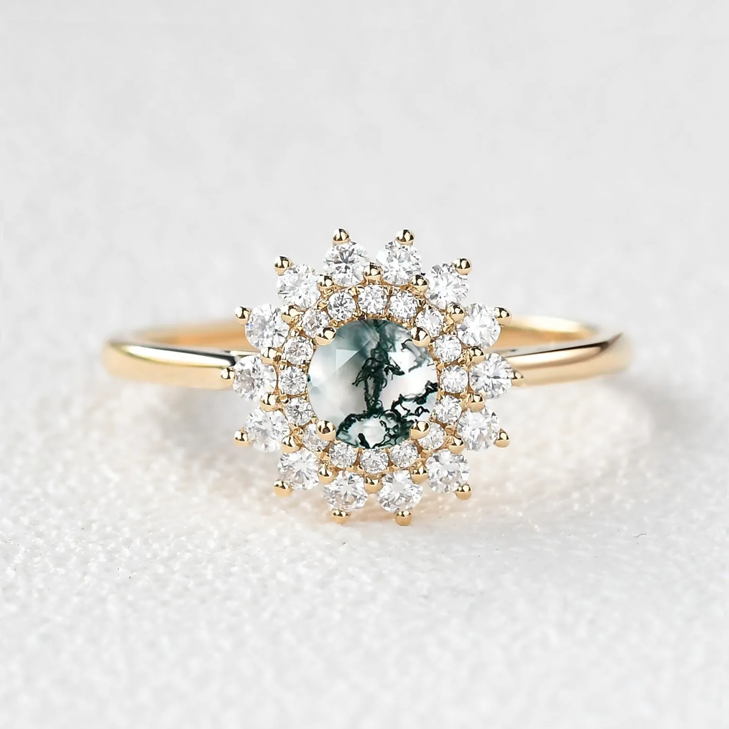 Flower Round Cut Moss Agate Rose Gold Ring