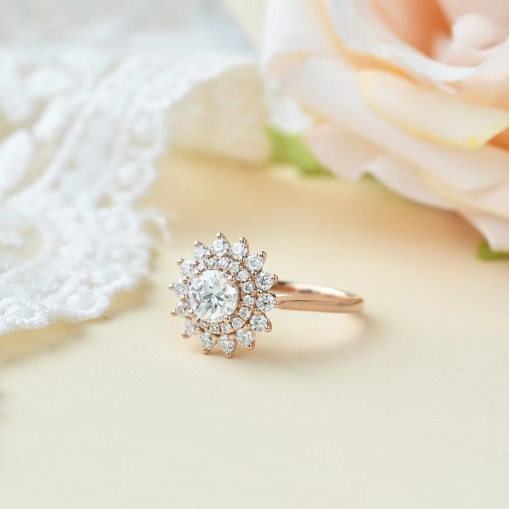 Flower Round Cut Moss Agate Rose Gold Ring