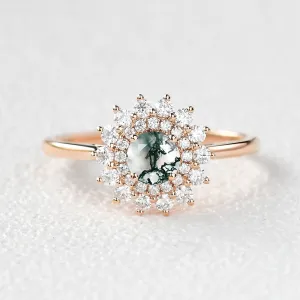 Flower Round Cut Moss Agate Rose Gold Ring