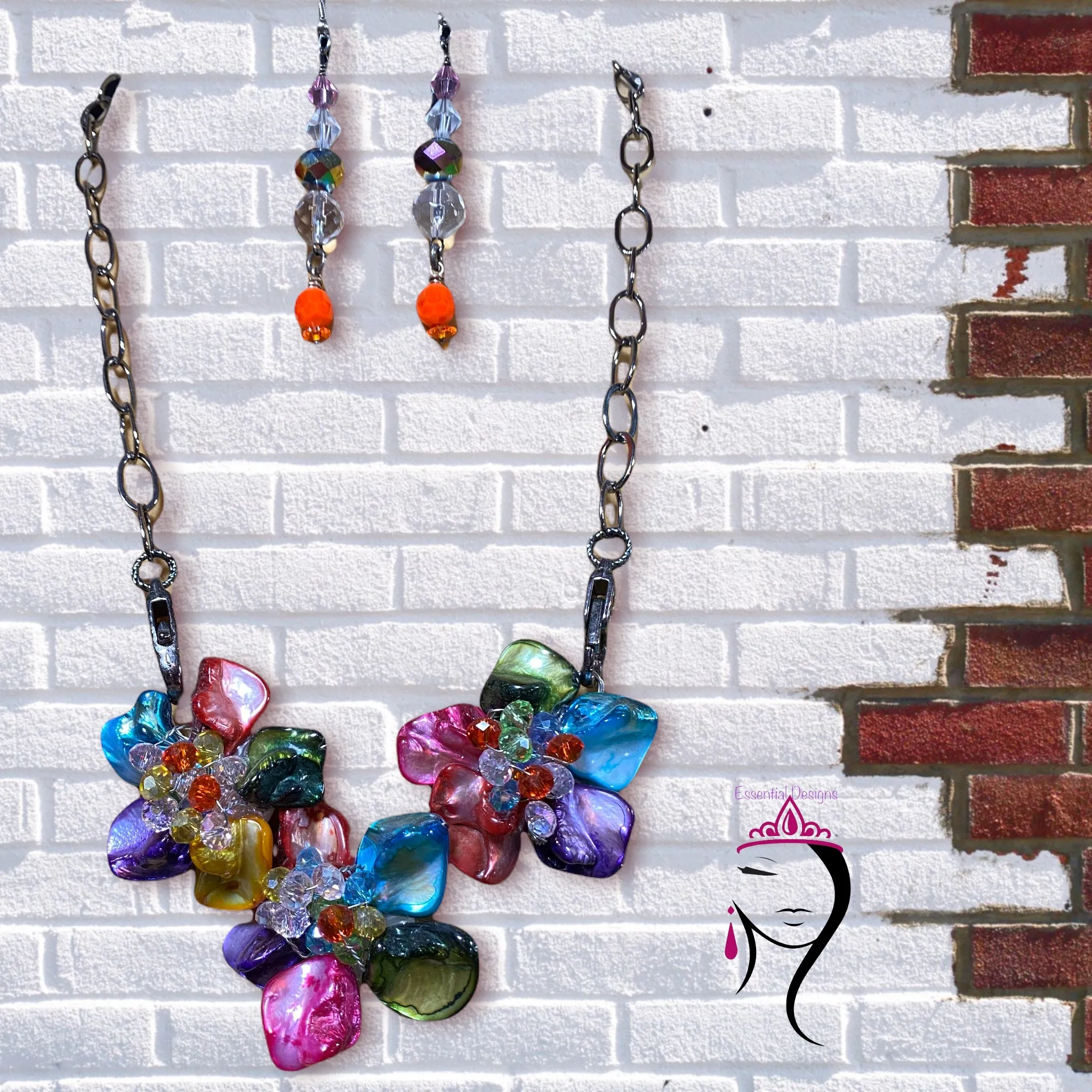 Freshwater Pearl and Crystal Flower Necklace and Earring Set  #19196