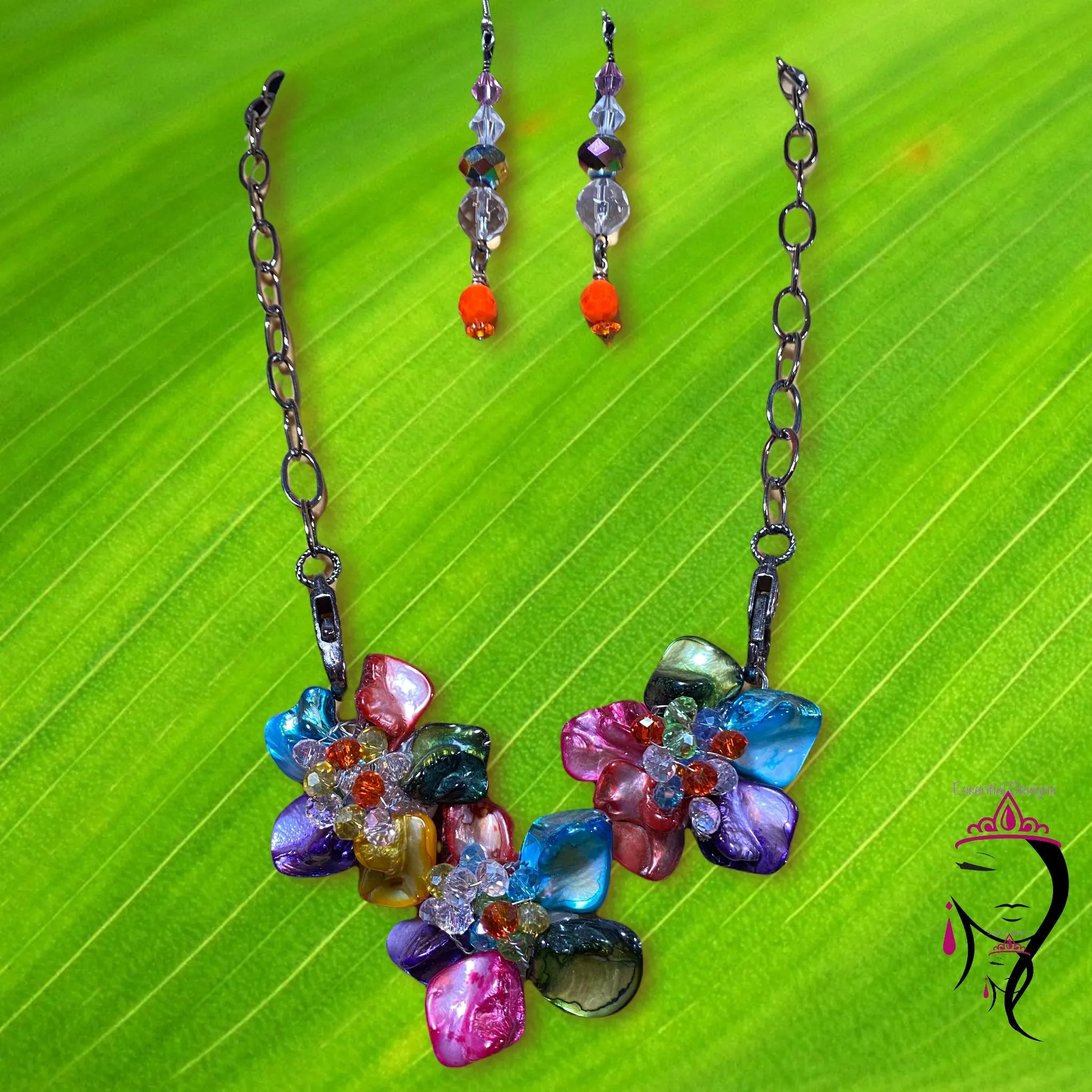 Freshwater Pearl and Crystal Flower Necklace and Earring Set  #19196