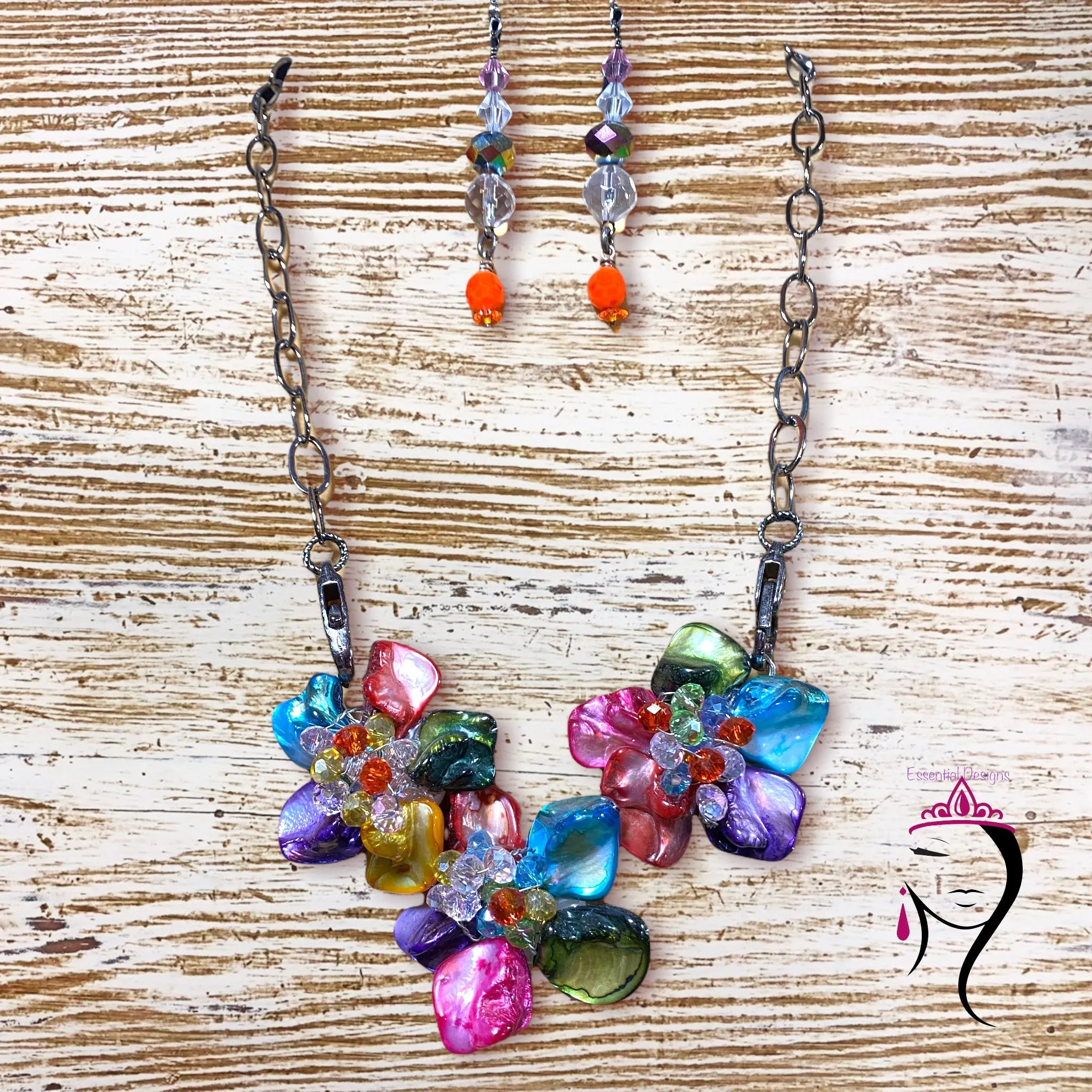 Freshwater Pearl and Crystal Flower Necklace and Earring Set  #19196