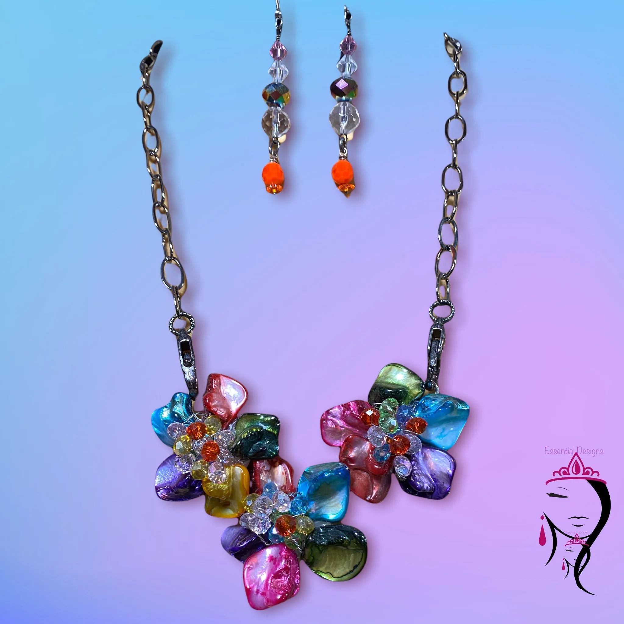 Freshwater Pearl and Crystal Flower Necklace and Earring Set  #19196