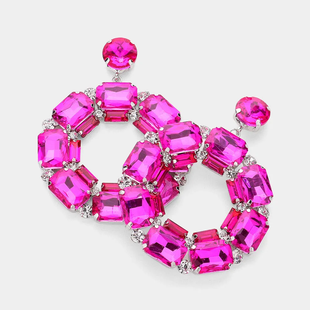 Fuchsia Square Stone Open Circle Dangle Pageant Earrings | Evening Earrings |  631868
