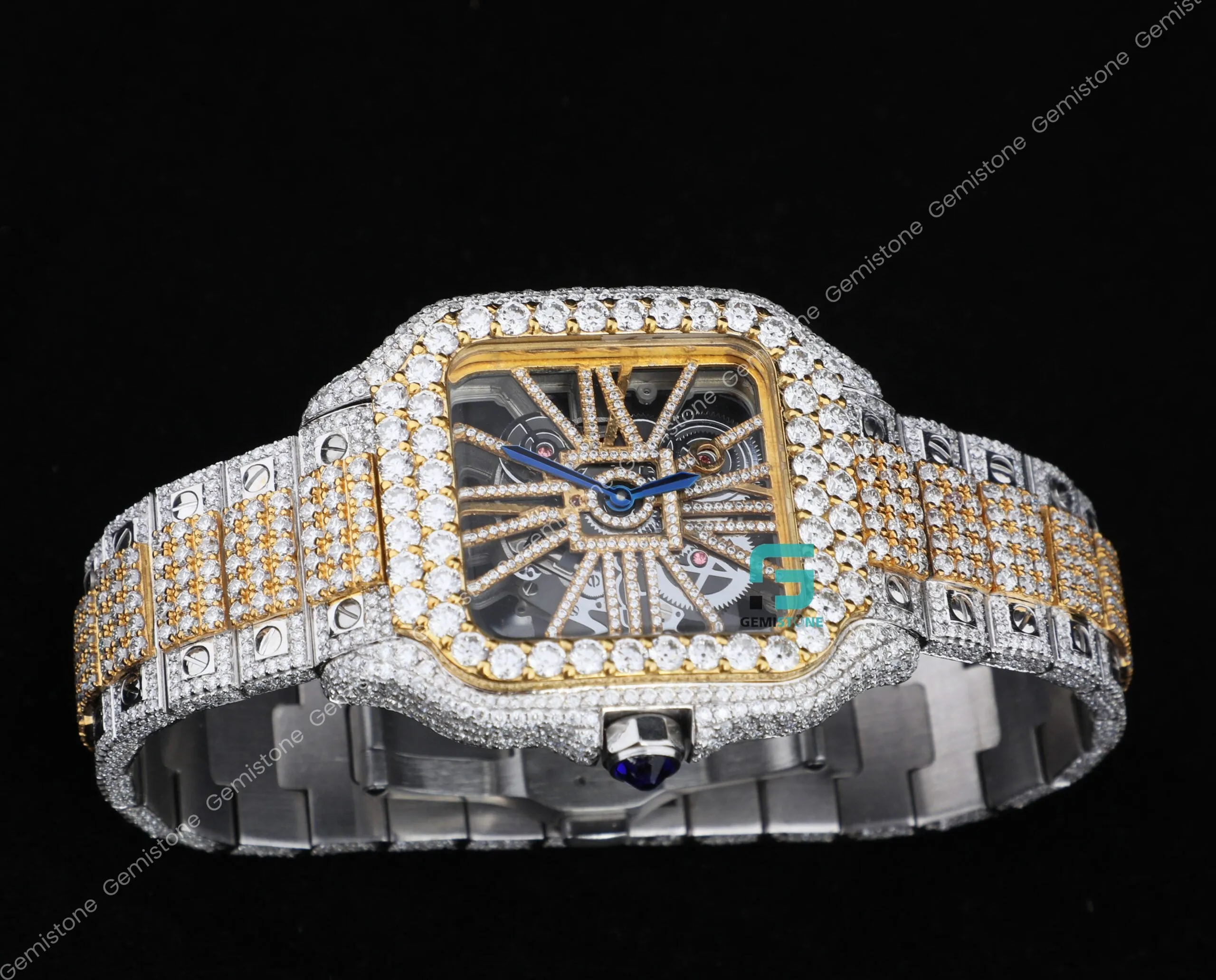 Fully VVS Moissanite Studded Two Tone Skeleton Diamond Watch
