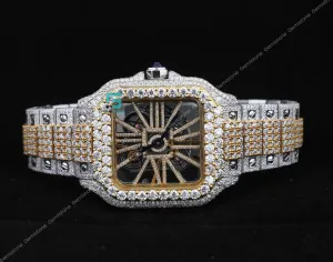 Fully VVS Moissanite Studded Two Tone Skeleton Diamond Watch