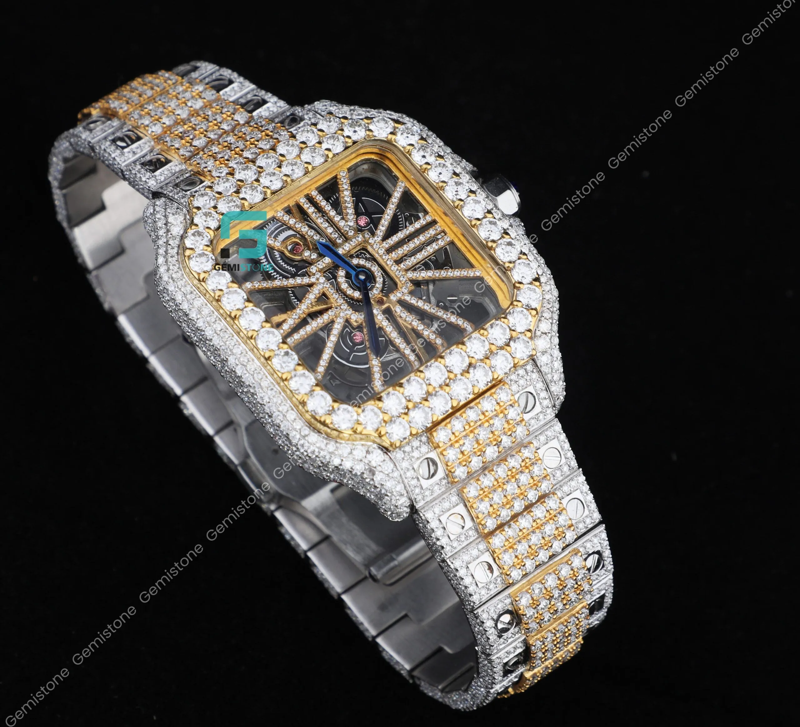Fully VVS Moissanite Studded Two Tone Skeleton Diamond Watch