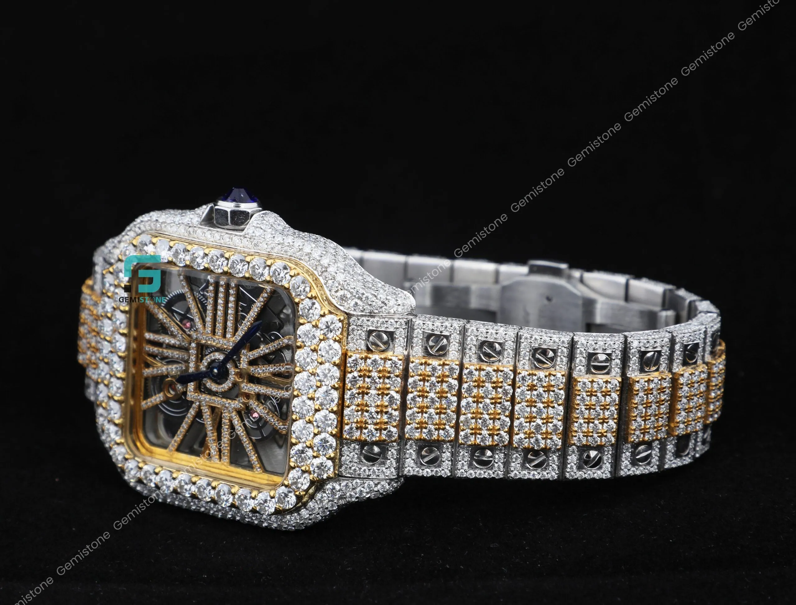 Fully VVS Moissanite Studded Two Tone Skeleton Diamond Watch