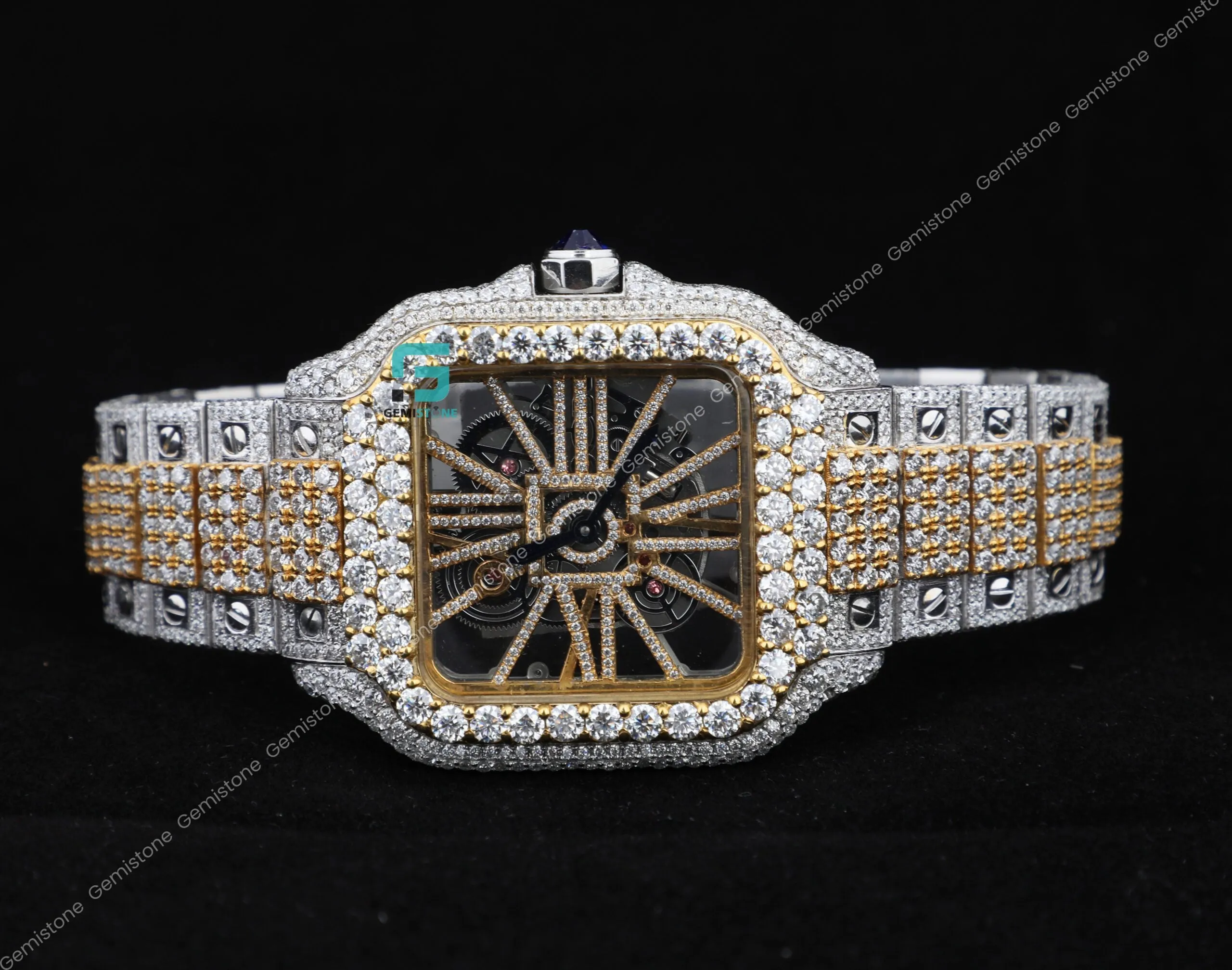 Fully VVS Moissanite Studded Two Tone Skeleton Diamond Watch
