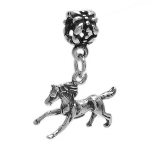 Galloping Horse Euro Bead Charm in 3D Sterling Silver.
