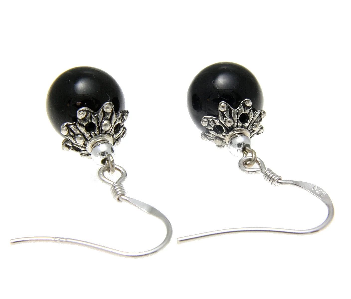 GENUINE NATURAL BLACK CORAL 10MM BALL DANGLE HOOK EARRINGS 925 STERLING SILVER