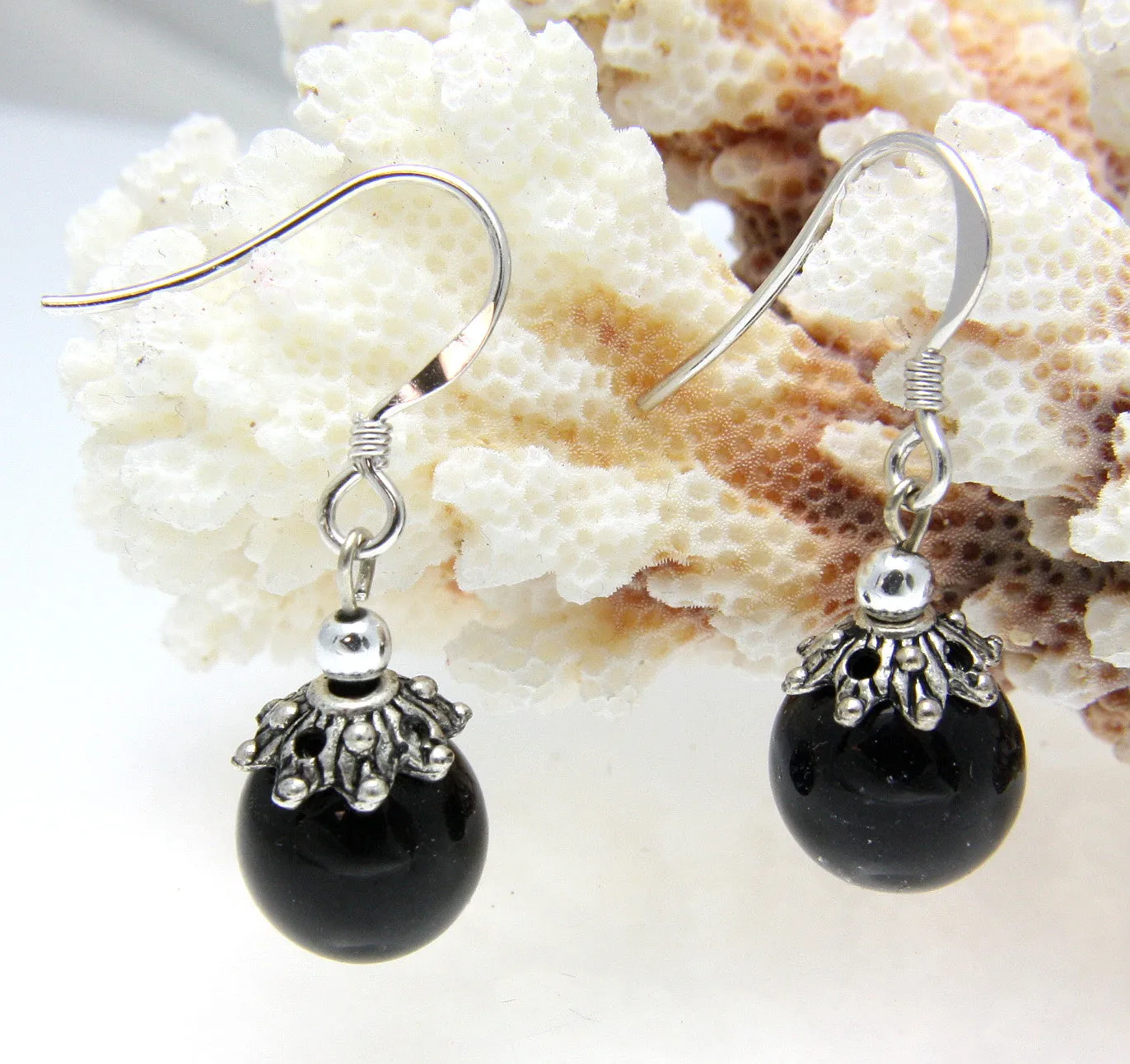 GENUINE NATURAL BLACK CORAL 10MM BALL DANGLE HOOK EARRINGS 925 STERLING SILVER