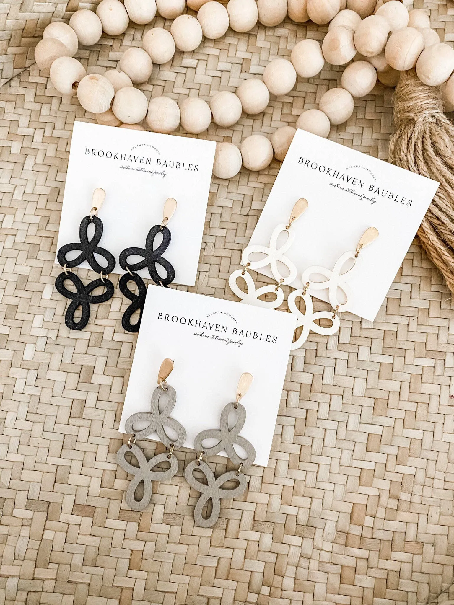Geometric Wood Dangle Earrings with Gold Beading
