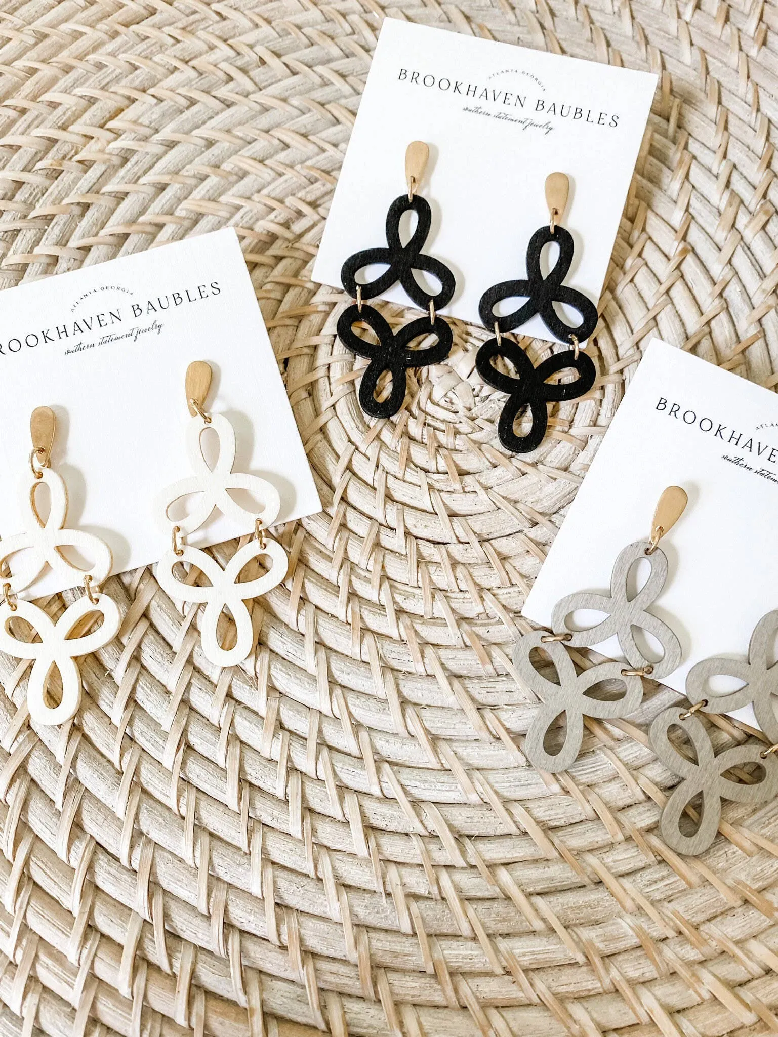 Geometric Wood Dangle Earrings with Gold Beading