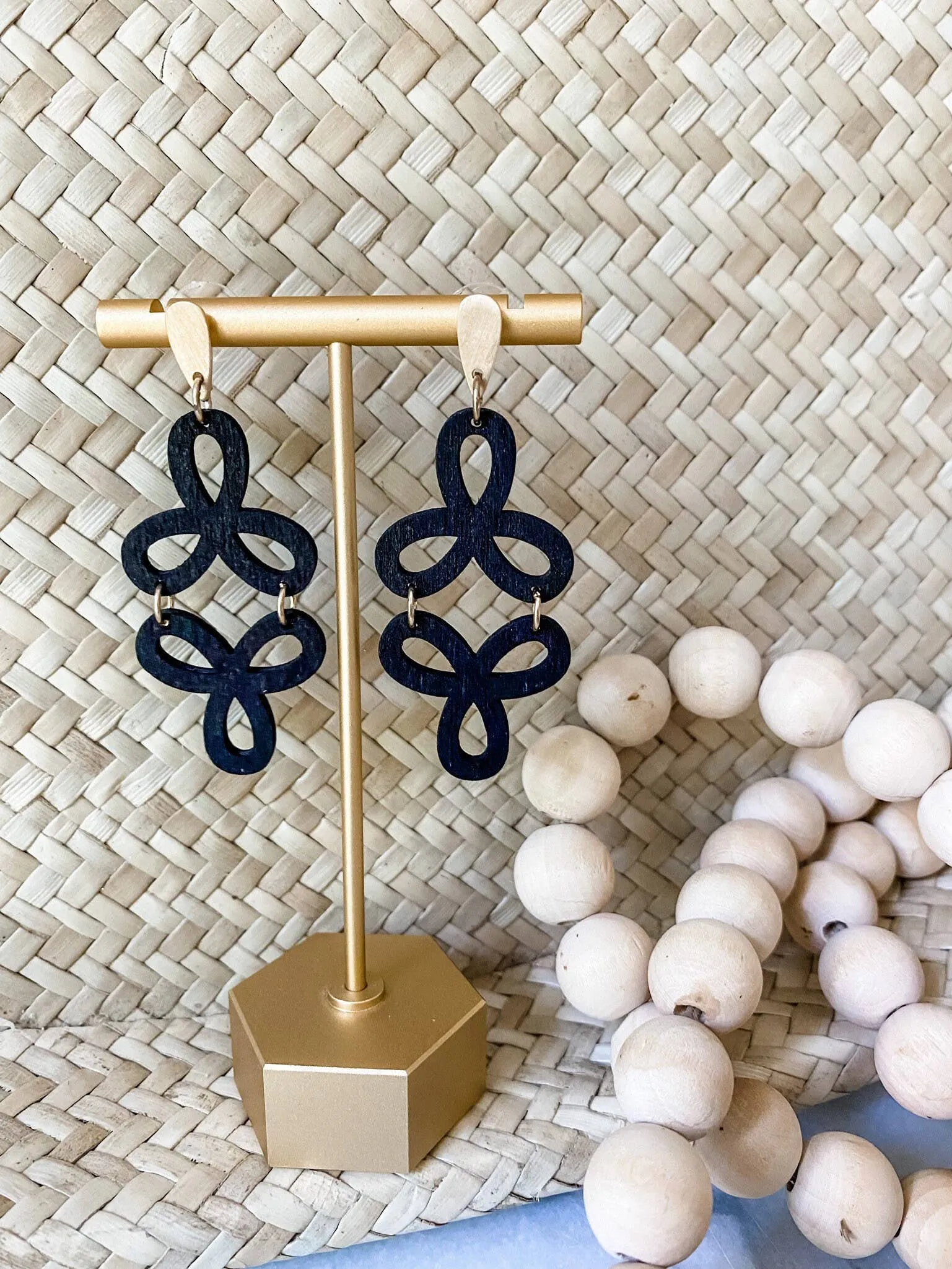 Geometric Wood Dangle Earrings with Gold Beading