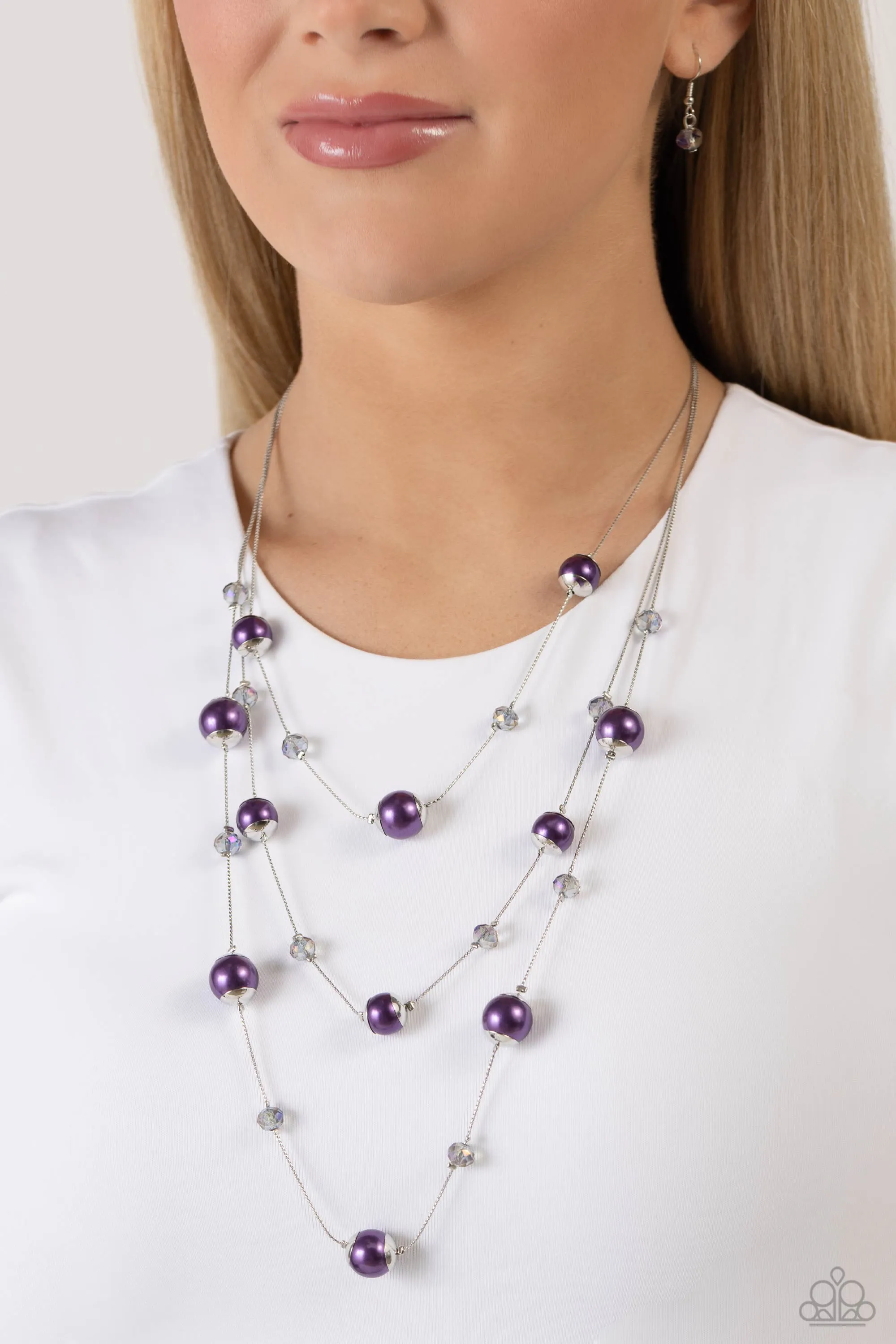Glistening Gamut - Purple - Pearl and Beaded Tiered Paparazzi Short Necklace