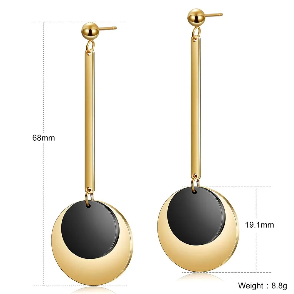 Gold and Black Disc Dangle Earrings - Hypoallergenic and Non-Tarnishing