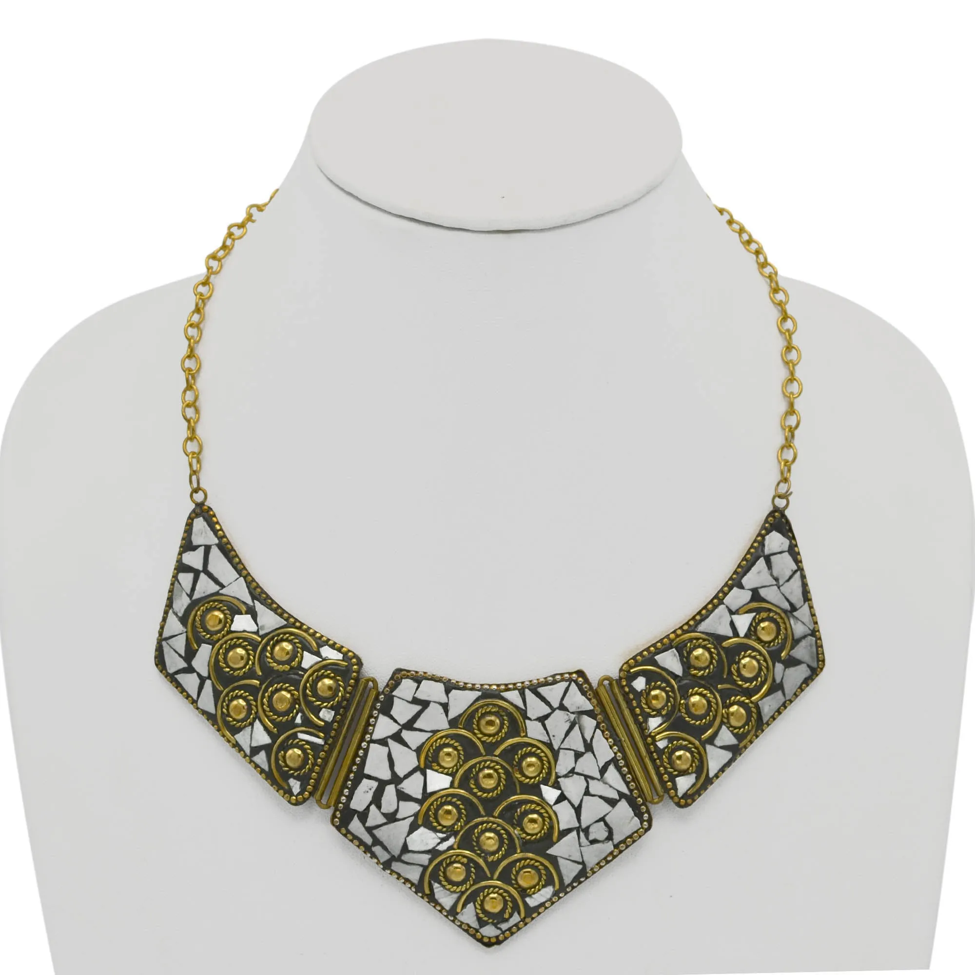 GOLD AND WHITE BIB NECKLACE AND EARRINGS SET # FWNK-2109-85