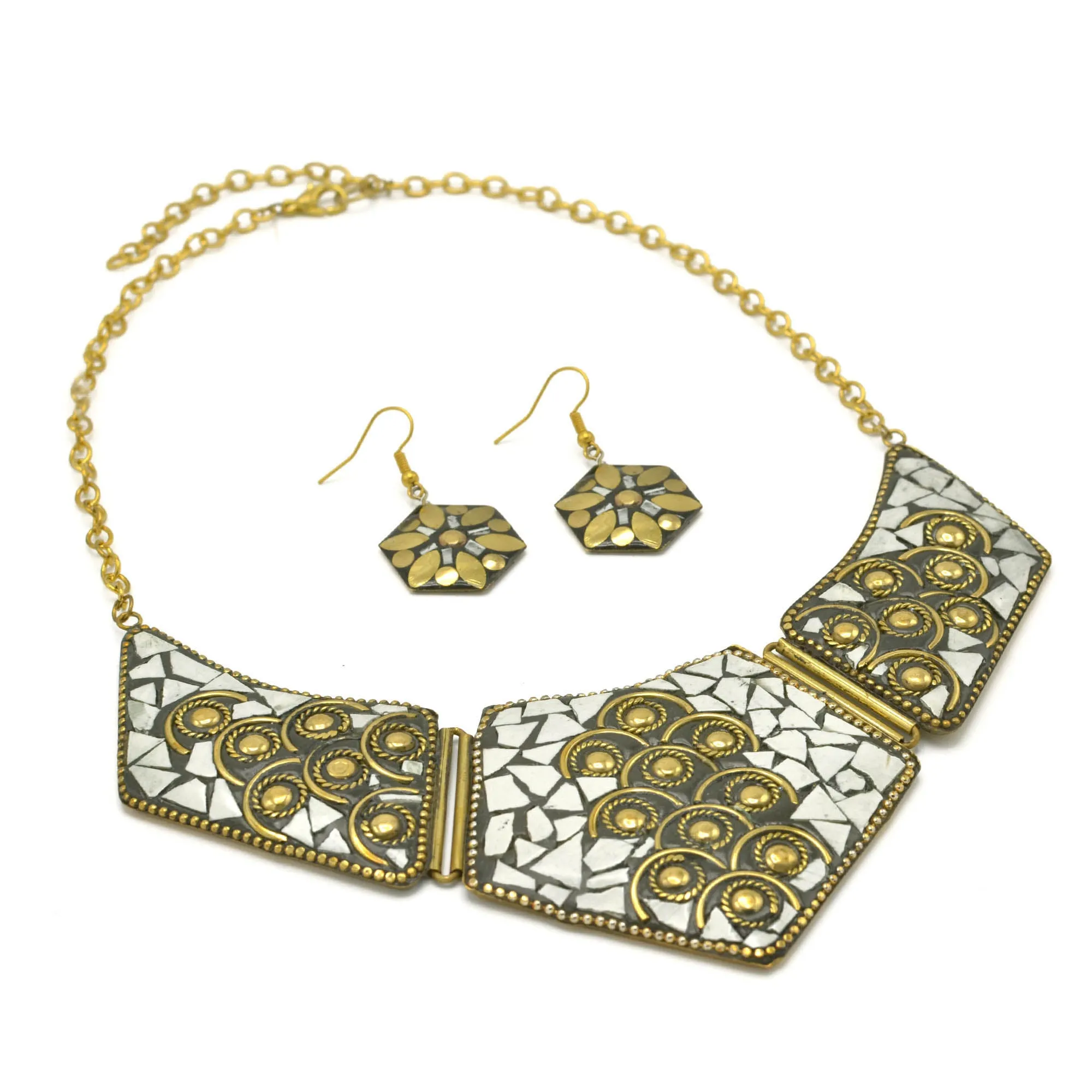 GOLD AND WHITE BIB NECKLACE AND EARRINGS SET # FWNK-2109-85